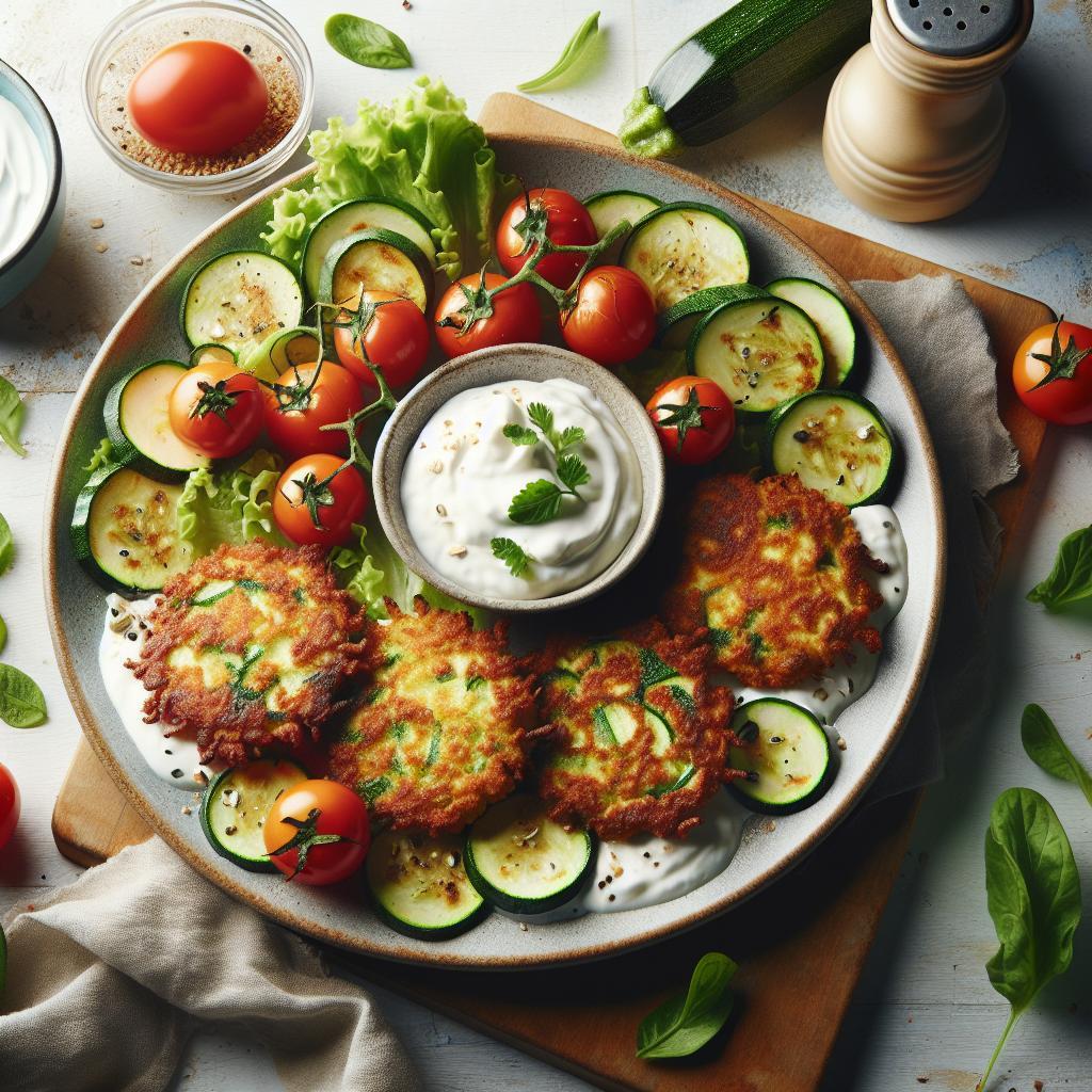 Crispy Zucchini Fritters Paired with Creamy Yogurt Dip