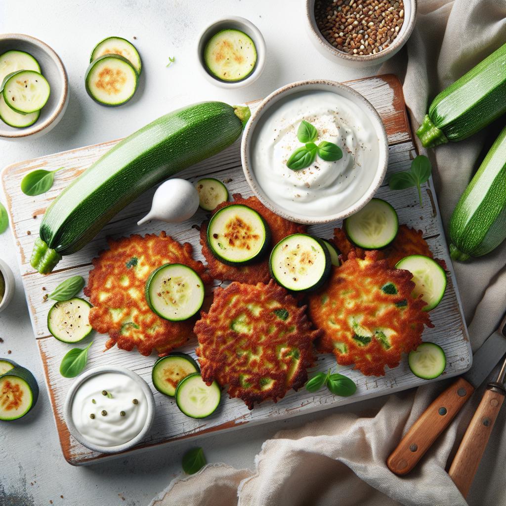 Crispy Zucchini Fritters Paired with Creamy Yogurt Dip