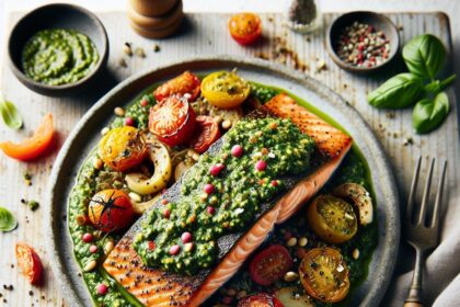 Savory Baked Salmon with Vibrant Homemade Pesto Delight