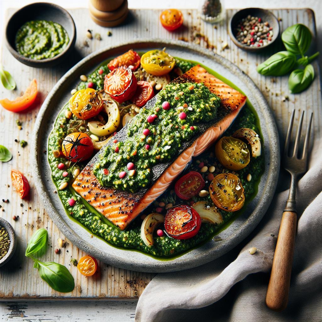 Savory Baked Salmon with Vibrant Homemade Pesto Delight